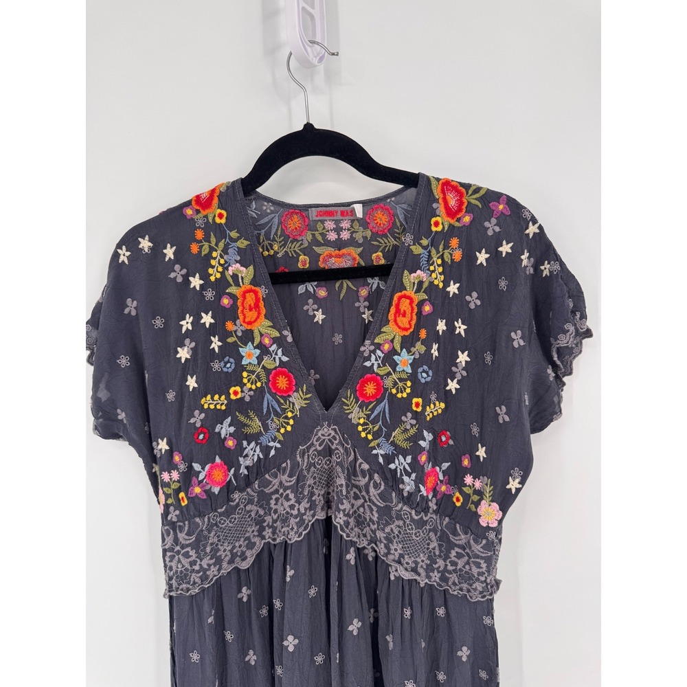 Johnny Was Dress Women S Grey Embroidered Lace Trim Boho Midi Oversized - Picture 2 of 15